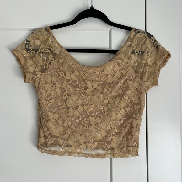 Lace V-Neck Cropped Gold/Beige Top - Picture 4 of 5